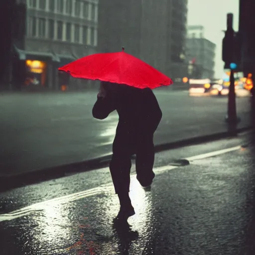 Image similar to a photograph of a man running down the street wearing a hat on a rainy day on expired kodak film, 3 5 mm, award - winning photograph, striking lighting, perfect composition