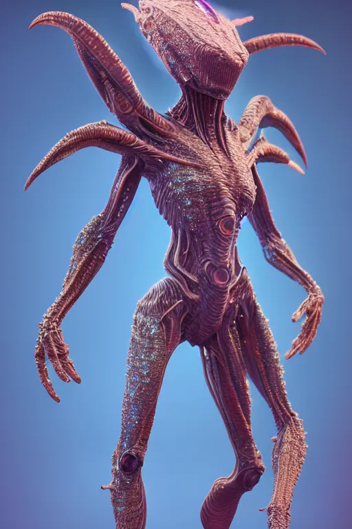 Image similar to skin concept alien, in full growth, mineral crystals instead of skin, magical crystals, smoky crystals, translucent crystals, luminous sparkling crystals, many details, 3 d, cinematic, hyper realism, high detail, octane render