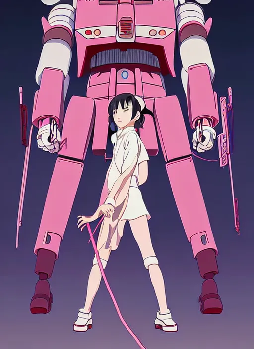 Image similar to Artwork by James Jean, Phil noto and hiyao Miyazaki; a young Japanese future samurai police girl named Yoshimi battles an enormous looming evil natured carnivorous pink gundam robot on the streets of Tokyo; Japanese shops and neon signage; crowds of people running; Art work by studio ghibli, Phil noto and James Jean