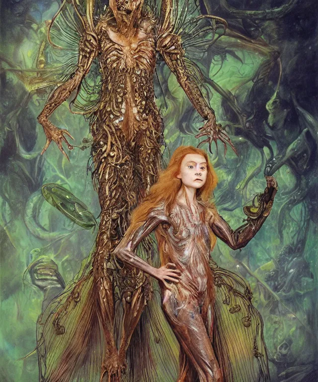 Prompt: a portrait photograph of a fierce sadie sink as an alien harpy queen with slimy amphibian skin. she is trying on a glowing bulbous infected slimy organic membrane parasite dress and transforming into an insectoid amphibian. by donato giancola, walton ford, ernst haeckel, brian froud, hr giger. 8 k, cgsociety
