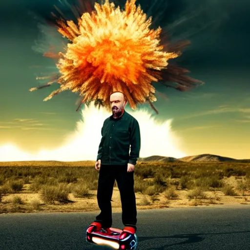 Image similar to Walter White from Breaking Bad (2008) standing on a hoverboard with an exploding building behind him, HDR, 8k,