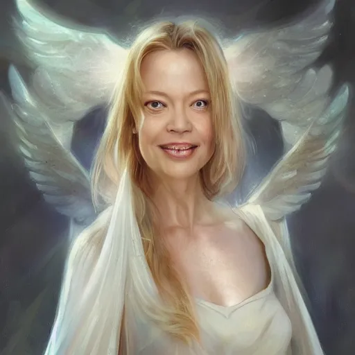 Prompt: Portrait of Jeri Ryan as a beautiful pale laughing angelic maiden with angel wings, and a glowing halo, white lighting, digital art by Ruan Jia and Mandy Jurgens and Artgerm, highly detailed, trending on artstation, award winning,