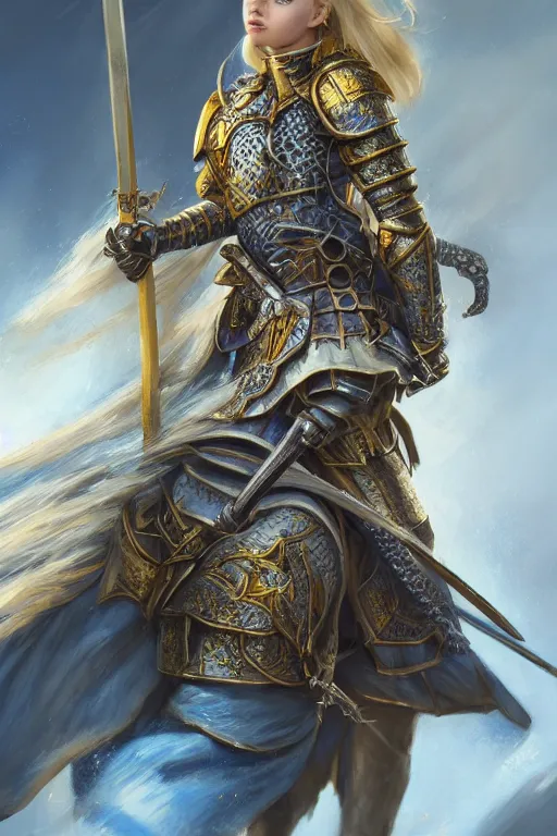 Image similar to highly detailed full body portrait painting of a proud young female knight in the style of Warhammer Fantasy by Artgerm and Arian Mark, medium length blonde hair, blue eyes, golden earrings, no helmet, low angle shot, highly detailed, trending on artstation, cgsociety, 4k, 8k, HDR, octane render, unreal engine