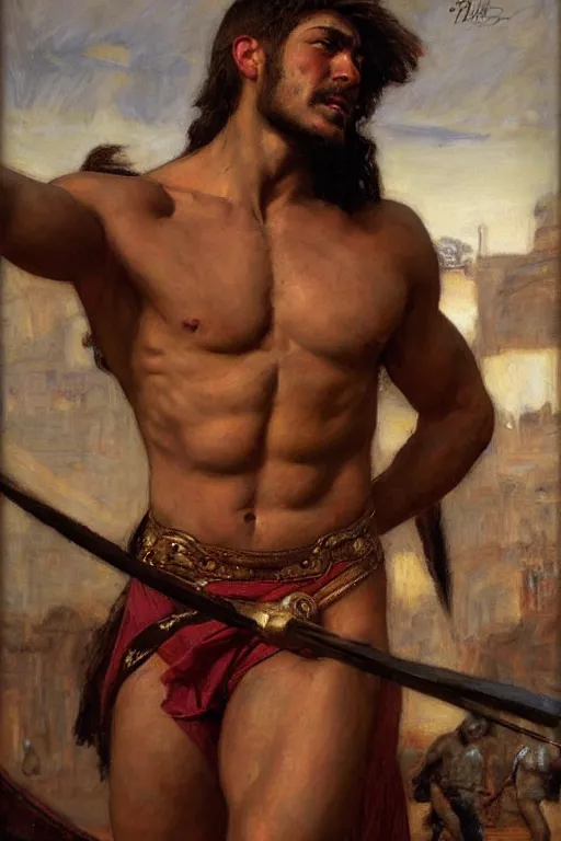 Image similar to muscular gladiator, orientalist intricate portrait by john william waterhouse and edwin longsden long and theodore ralli and nasreddine dinet, hyper realism, dramatic lighting