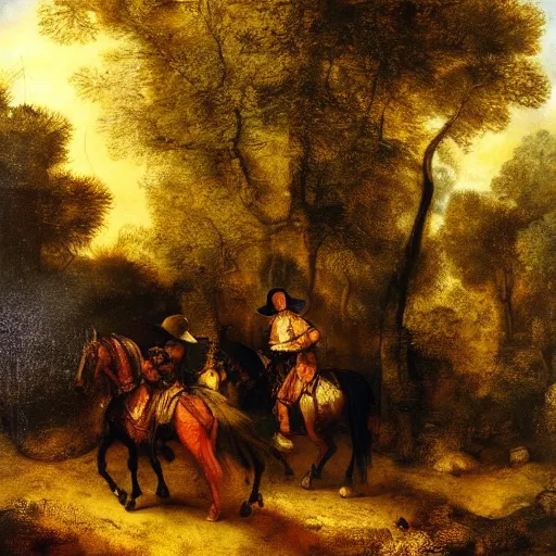 Prompt: knights in the forest around bonfire, oil painting by Rembrandt