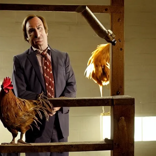 Image similar to saul goodman and a rooster in a saw movie torture chamber, scary torture devices in the background, saul goodman, rooster, photo