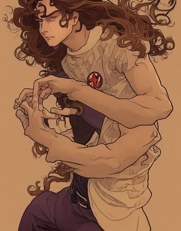 Image similar to art nouveau portrait of a young super hero with curly light brown hair, brown eyes, serious facial expression, gloomy mood, angry, t - shirt, natural lighting, path traced, highly detailed, high quality, cartoon, digital painting, by don bluth and ross tran and studio ghibli and alphonse mucha