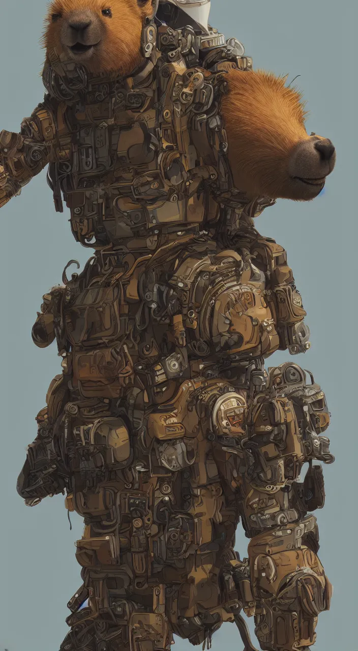 Prompt: detailed full body concept art illustration matte painting of an anthropomorphic capybara pilot in full intricate clothing, ultra detailed, digital art, octane render, 4K, dystopian, micro details