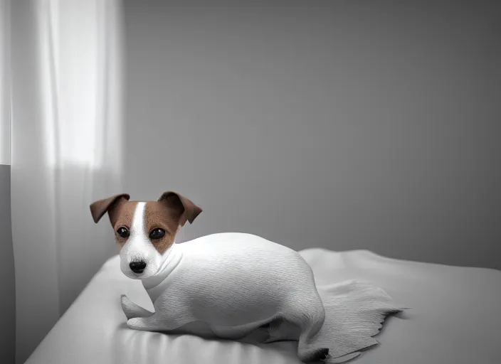 Image similar to photography of a Jack Russel . watching outside the window. on a bed .in a 3d rendered white room. octane render, 3d, foggy, volumetric light, volumetric fog, photorealistic, unreal engine 5, award winning photo, 100mm, sharp, cloth, high res