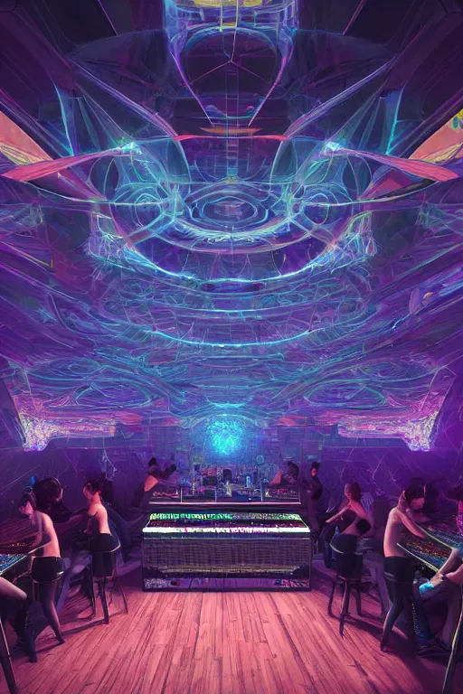 Prompt: a centered render of intricate modular synthesizer nightclub surrounded by ethereal lights and fractal geometry, cinematic, beautifully lit, by artgerm, by beeple, by karol bak, by donato giancola, 3 d, trending on artstation, octane render, 8 k