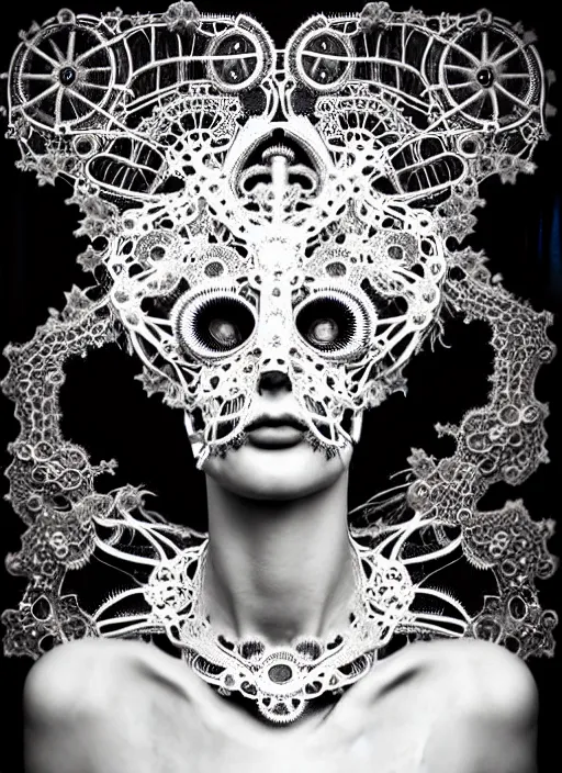 Prompt: surreal black and white photo portrait of complex bio-mechanical beautiful young female vegetal-cyborg with a Mandelbrot fractal steampunk metal fine lace face, a very long neck and a fine metal floral foliage super big lace collar by Alexander McQueen:: high fashion, haute couture, rococo, steampunk, silver filigree details, anatomical, facial muscles, cable wires, microchip, elegant, dreamy, foggy, hyper realistic, 150 mm lens, soft rim light, octane render, unreal engine, picture was taken in 1910 by Dora Maar, volumetric lighting, dramatic light,8k,