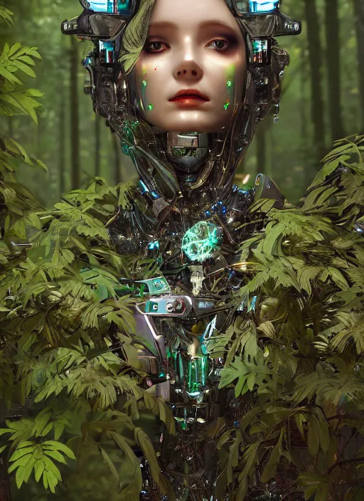 Image similar to beautiful female robot covered by plants and crystals in the mystical forest, beautiful symmetrical face, full body, immersed in the tree, chrome parts, opal crystals, renaissance style, cyber punk, sci - fi, baroque, cinematic light, mystical shadows, 8 k, octane render