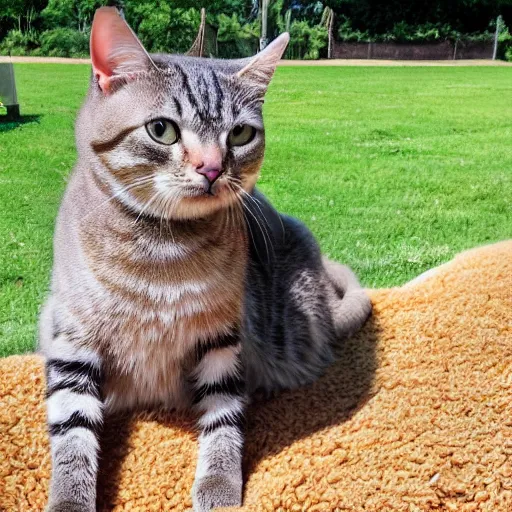 Prompt: peanut the cat is mega floomfed out in the hot sunny weather.