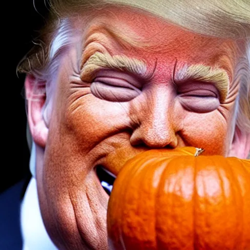 Image similar to Trump eating a pumpkin, hyper realistic, HD, HQ, photo realistic