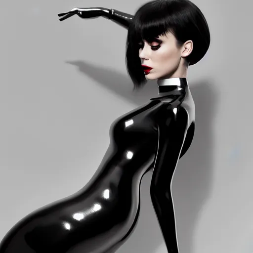 Prompt: a curvy pale hot young goth woman wearing an elegant modest tight shiny silver-black striped latex high-neck dress, cgsociety, photorealistic, sublime-cool-hyperadvanced-dark ambience, 16k, smooth, sharp focus, trending on ArtStation, volumetric lighting, fully clothed, thin waist