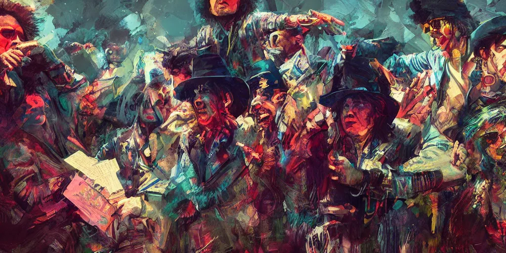 Image similar to rolling thunder revue, bob dylan, colorful, contrast, kim jung gi, greg rutkowski, zabrocki, karlkka, jayison devadas, trending on artstation, 8 k, ultra wide angle, pincushion lens effect