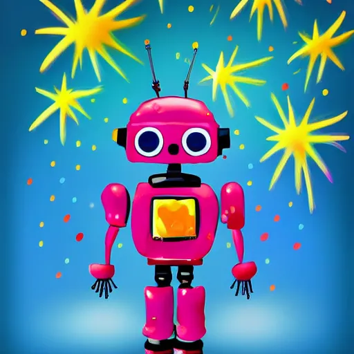 Image similar to a cute little robot at a centered explosion of colorful powder on background by maxvanzwerg