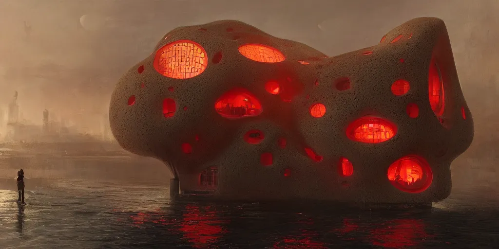 Prompt: An epic architectural rendering of a blob shaped trypophobia house with a mysterious red glow emitting from inside in a modern cityscape next to a river, by Greg Rutkowski, tunning, gorgeous, golden ratio, photorealistic, featured on artstation, 4k resolution