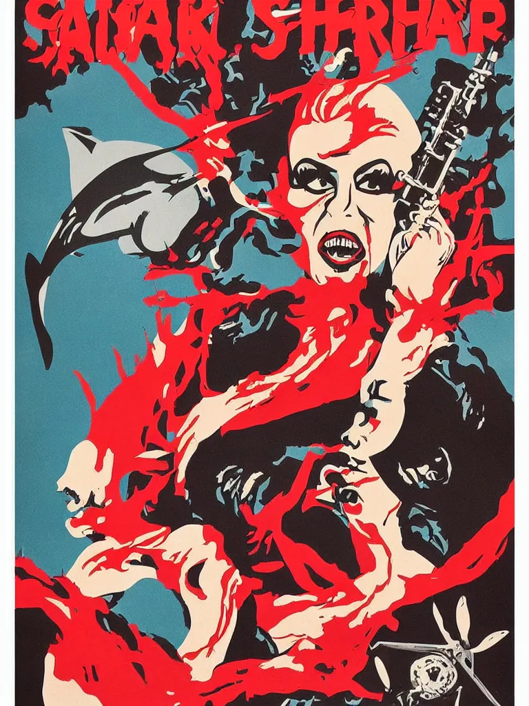 Image similar to propaganda poster for a shark glam rock star drag queen in hell, concert poster