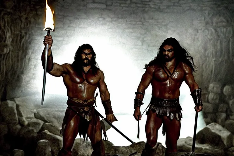 Image similar to film still from conan the barbarian, jason momoa as conan holding a torch in the catacombs of evil, fantasy armor, volumetric lighting, mist, wet skin and windblown hair, muscular!!!, masculine pose, ridley scott