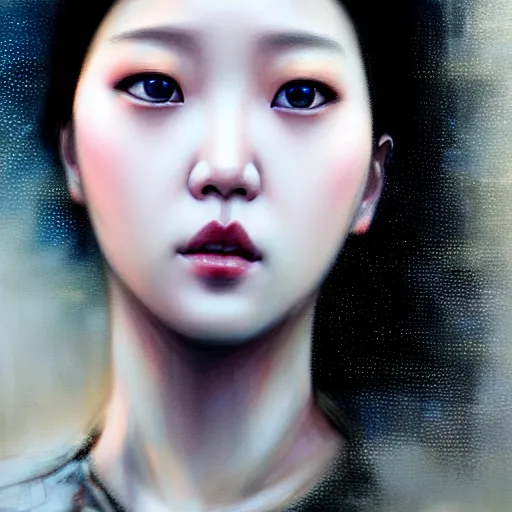 Image similar to roseanne park of blackpink, hyperrealistic portrait, bladerunner street, by karol bak and agnes cecile, fantasy art, photo realistic, dynamic lighting, artstation, poster, volumetric lighting, very detailed face, intricate complexity, rule of thirds, 8 k, award winning