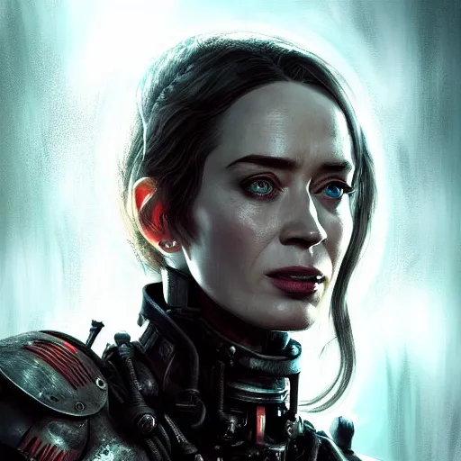 Image similar to emily blunt portrait, dystopia core, apocalyptic, armor, warrior, dramatic, sharp focus, fiction, neon, fantasy, hyper detailed, digital art, trending in artstation, cinematic lighting, studio quality, smooth render, unreal engine 5 rendered, octane rendered, art style and nixeu and wlop and krenz cushart