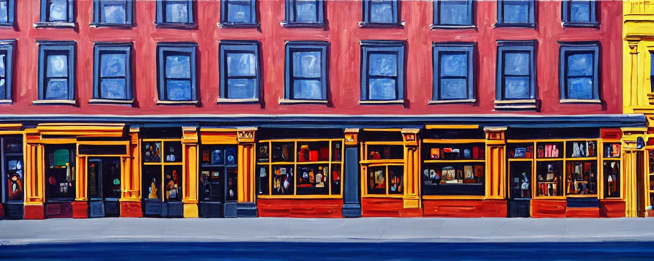 Prompt: painting of a building facade. storefronts. city block. new york.