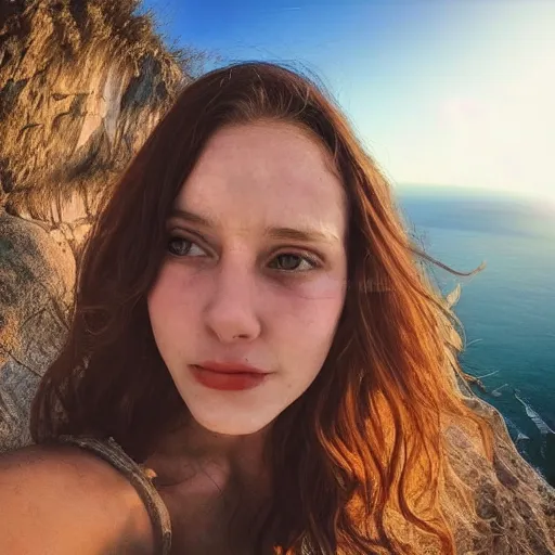 Image similar to Selfie of a beautiful woman with gorgeous flowy hair, standing over a cliff, beautiful volumetric lighting, subsurface scattering!!!!!!, (((((vivid))))) atmosphere, radiant sunshine, trending on artstation, 4k, 8k, artstation portrait imagery, fisheye!!!!! lens, instagram!!!!! selfie!!!!!