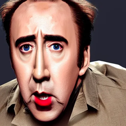 Prompt: nic cage but he's wearing an outfit that comprises his face all over it