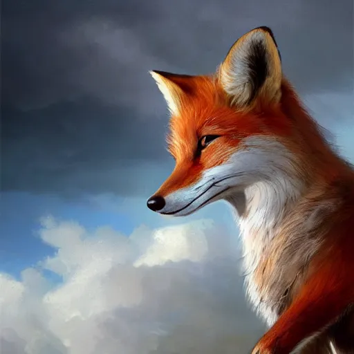 Prompt: the most beautiful realistic picture of a 🦊 surrounded by peaceful clouds by greg rutkowski, trending on artstation, concept art, matte painting, dynamic lighting, realism, happy feeling