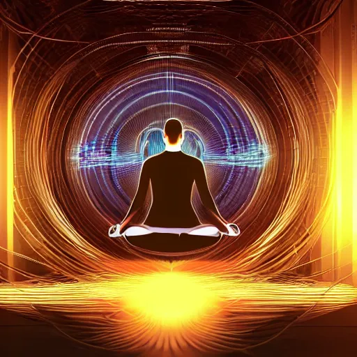 Image similar to a man sits in a meditation pose in the middle of a large throne room. the air is filled with haze. holographic user interface elements float all around him. wires and cables run, overlapping, along the floor. golden sunlight illuminates the room at sunset. this space is sacred.