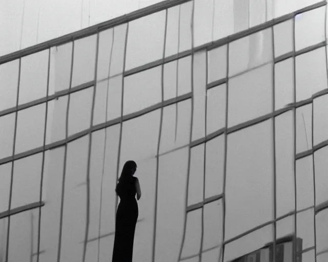 Prompt: a still of a woman standing behind a huge square white balcony, outside view, clear sky, minimalist composition, color music video Wrapped Around your Finger (1983)