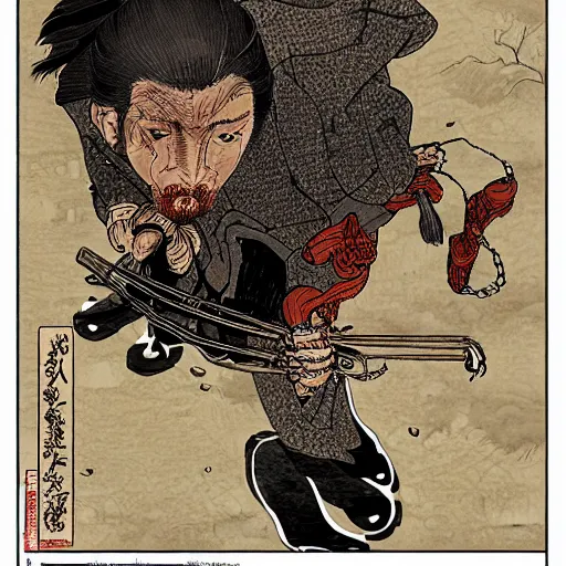 Image similar to by hokusai, samurai man vagabond, the samurai holds chains, detailed, editorial illustration, matte print, concept art, ink style, sketch, digital 2 d