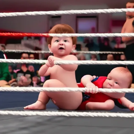Prompt: babies pro wrestling in the wwe, 4 k, photorealistic