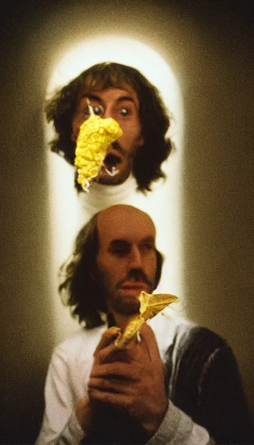 Image similar to 7 0 s movie still of a man with his mouth full of moth in a yellow tiny tunnel, cinestill 8 0 0 t 3 5 mm eastmancolor, heavy grain, high quality, high detail