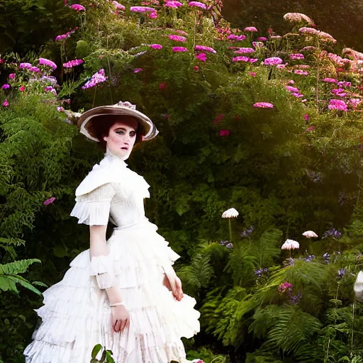 Image similar to full body fashion model emma watson by Winslow Homer smokey eyes makeup eye shadow fantasy, glow, shimmer as victorian woman in a long white frilly lace dress and a large white hat having tea in a sunroom filled with flowers, roses and lush fern flowers ,intricate, night, highly detailed, dramatic lighting , high quality