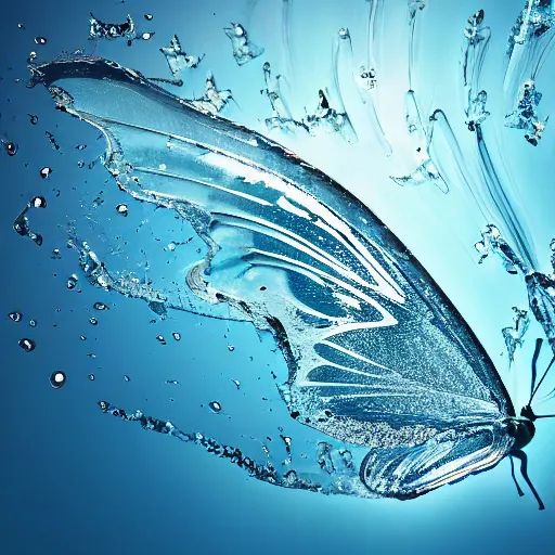 Prompt: water splashes, water shaped like butterfly wings, sigma 2 4 mm f / 8 1 / 1 0 0 0 sec shutter speed, high speed photography, magic realism, shutterstock contest winner, creative commons attribution, benoit b mandelbrot, behance hd, blue background