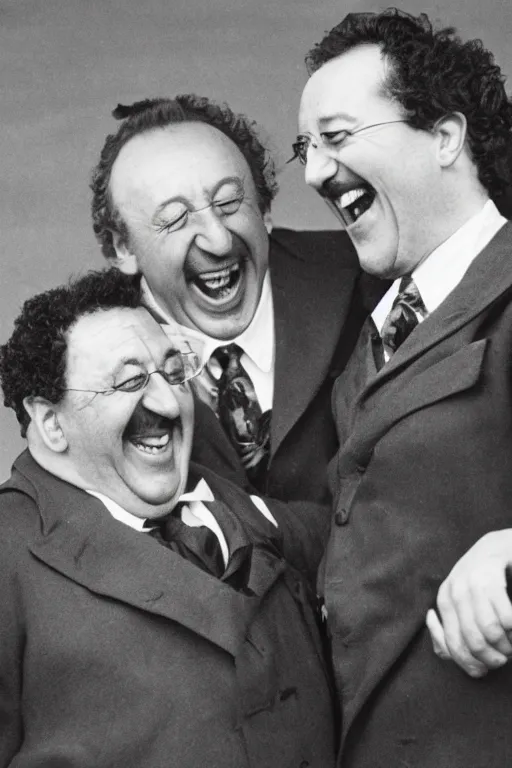 Image similar to close - up, photography of coluche and pierre desproges laughing, clouds everywhere