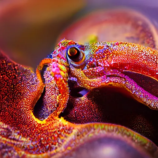 Image similar to fiery whimsical emotional eyes cephalopod, in a photorealistic macro photograph with shallow dof