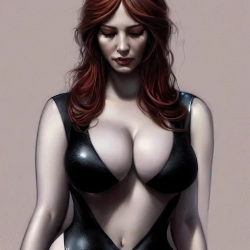 Image similar to christina hendricks in a black swimsuit, intricate, elegant, highly detailed, digital painting, artstation, concept art, smooth, sharp focus, illustration, art by artgerm and greg rutkowski