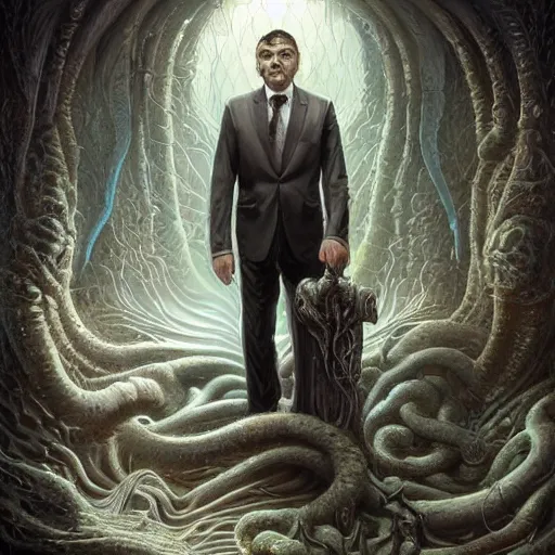 Prompt: lovecraft biopunk portrait of rowan sebastian atkinson by tomasz alen kopera and peter mohrbacher