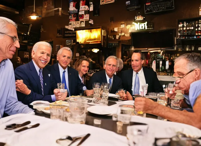 Image similar to Anthony Fauci, Joe Biden, Jeffrey Epstein, Bull gates, having dinner at a Dive bar restaurant, award winning cinematic photography, 50 mm, blurred background, trending on twitter