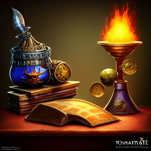 Prompt: photorealistic, table, wizards laboratory, mortar, pestle, scales, magic book, tony sart,