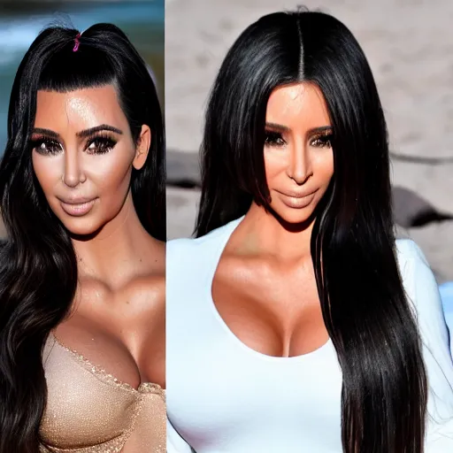 Image similar to kim kardashian fights ariana grande on hot sunny beach