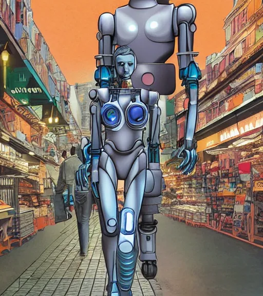 Image similar to a robot with a digitized female face for a head, walking through a market Industrial Scifi, detailed illustration, character portrait, by Martin Grip and Moebius