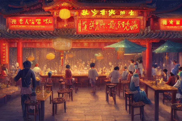 Image similar to fantasy art of a bustling tavern in china, at night, by makoto shinkai, highly detailed digital art, trending on artstation