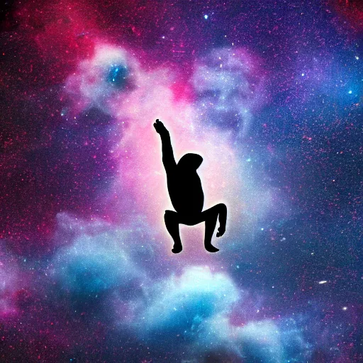 Image similar to A chimpanzee floating through outer-space, reaching out and touching a nebula with its finger, digital art, 8k