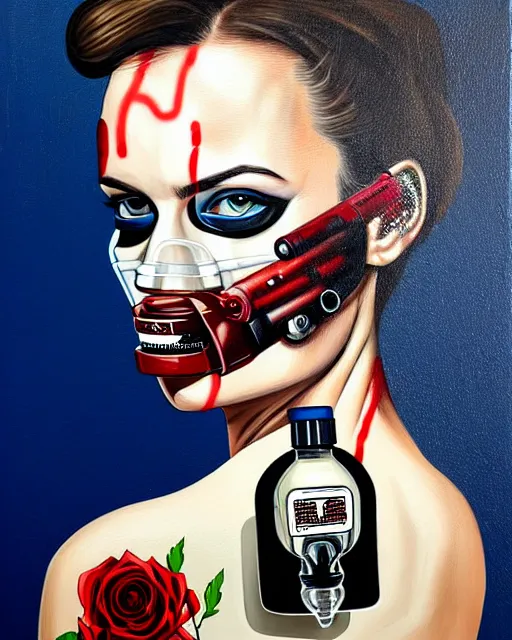 Prompt: portrait of a spy wearing oxygen mask, has blood, rose, a pistol and a syringe needle with sea background intricate details with horror side profile by Sandra Chevrier