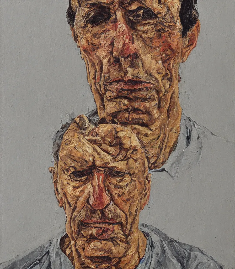 Image similar to close head shot of a vladimir wihtout shirt in the style of lucian freud self portrait. oil painting, thick brush strokes. gray background. hard light from top. perspective from below. 5 0 mm