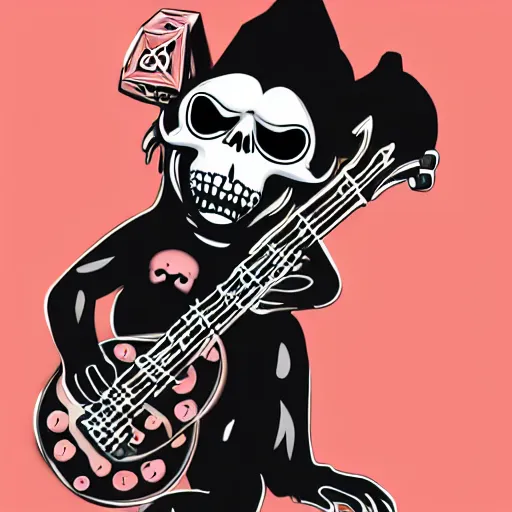 Prompt: Monkey wearing a death metal gothic outfit playing a black skull guitar.